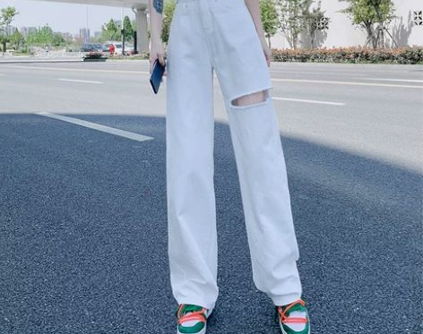 白色阔腿破洞牛仔裤女夏天薄款2021年新款...
