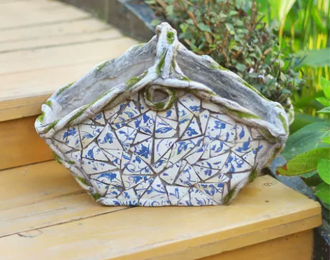 欧式手绘复古仿青花仿陶瓷手提花盆别墅花园园...