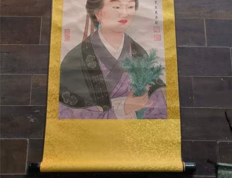 品名:鲍姑丝绸卷轴画 成品尺寸:55x12...