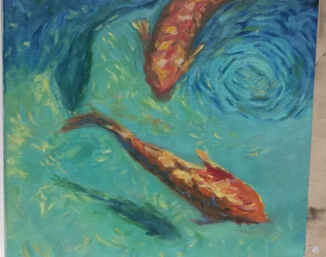 油画临摹 两条金鱼 小笔触画法 30厘米 ...