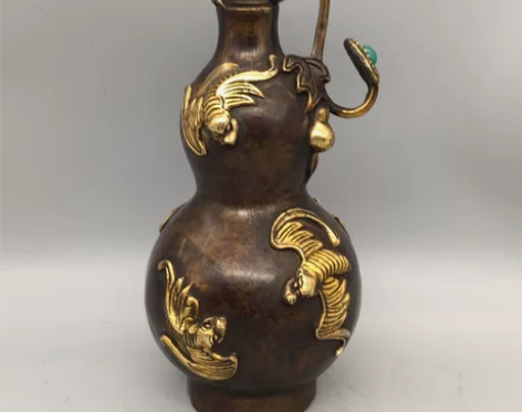 古玩铜器收藏，镶玛瑙五福葫芦，工艺精湛 ，...