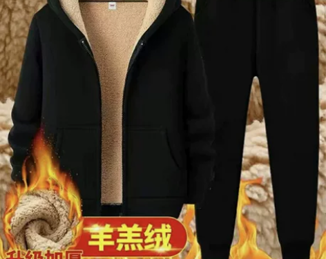 全新保暖羊羔绒卫衣套装男士冬季加绒连帽运动...