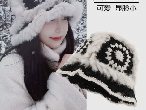 保暖帽升级版兔毛帽子女可爱手工针织虎头帽秋...
