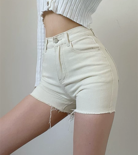 浅色基础款高腰毛边牛仔短裤女显臀A字薄款夏...