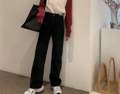 抓绒高腰显瘦直筒牛仔裤女2022年春秋季新...