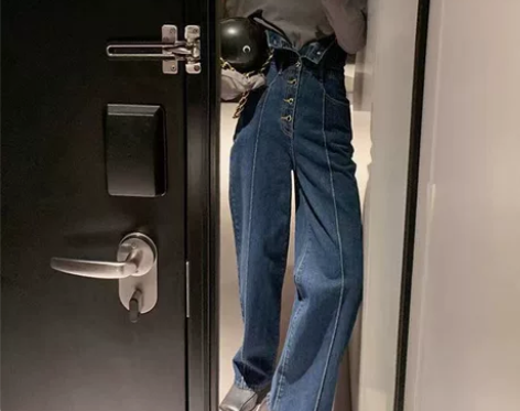 深蓝色直筒超高腰牛仔裤 穿过一次全新M￥2...