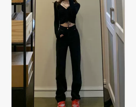 阔腿长裤阔腿黑色高腰牛仔裤女直筒宽松春20...