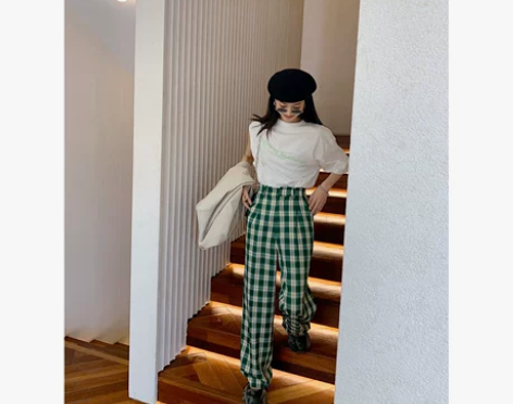 vcruan阿希哥 格子阔腿裤女2020新...