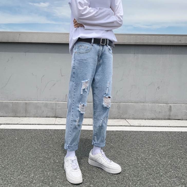 破洞九分牛仔裤男潮牌宽松直筒百搭韩版潮流春...