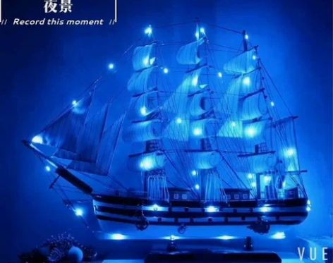 实木质一帆风顺带灯帆船模型摆件客厅摆设