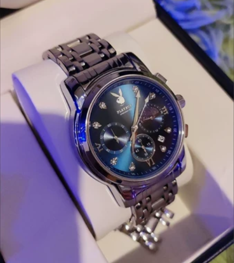 花花公子经典三眼帅气男士商务手表正品进口石...