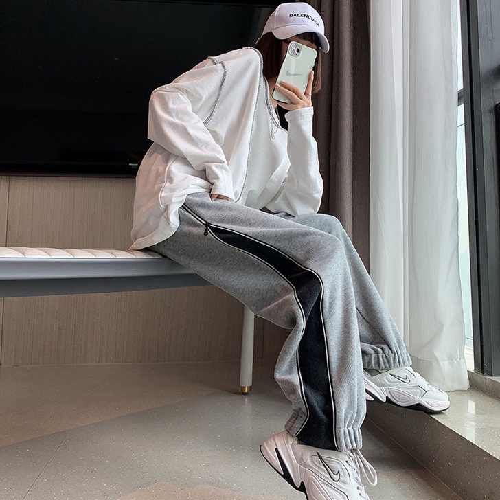 休闲卫裤女秋冬宽松高腰垂感直筒阔腿裤潮流高...