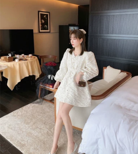 泡泡袖连衣裙白色女秋v领长袖名媛气质轻奢a...