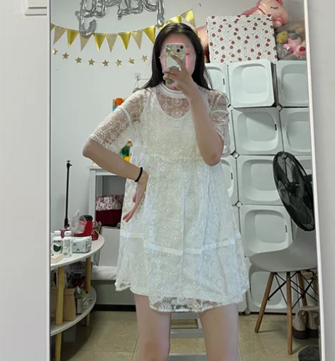 纯欲风白色蕾丝连衣裙娃娃裙蓬蓬裙短裙甜美可...