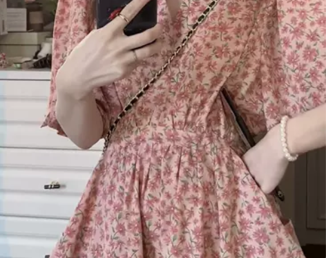 ?【莫奈花园】粉色碎花连衣裙宽松显瘦韩系温...