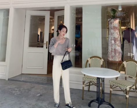 南瓜谷 云朵针织裤~秋季新款白色宽松直筒高...