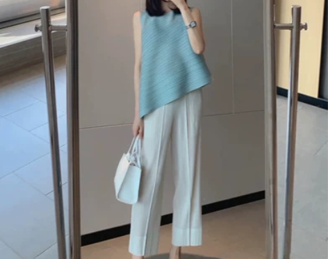 三宅褶皱裤 西装裤女夏薄款 九分百褶裤风琴...