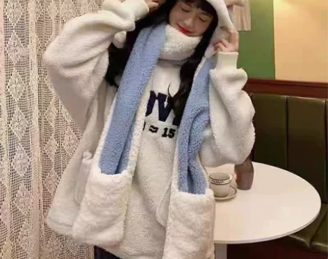 圣诞鹿角帽子围巾手套一体冬季保暖毛绒三件套...