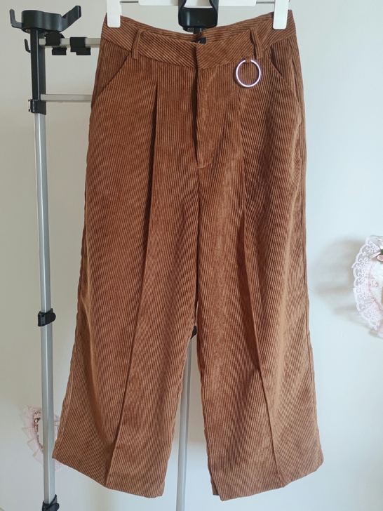 Only灯芯绒条绒七分高腰阔腿裤