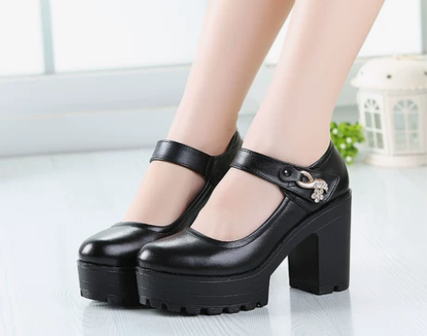 旗袍走秀模特鞋圆头真皮防水台粗跟松糕厚底女...