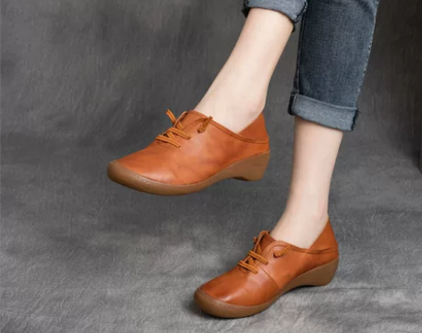 ?2020秋季新款复古真皮手工系带厚底坡跟...