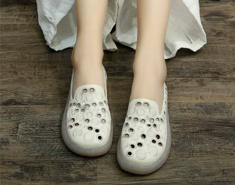 新伊云春夏新款单鞋女牛筋底一脚蹬平底镂空透...