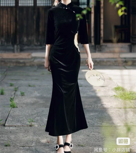 [特价]全新秋冬黑色金丝绒改良气质鱼尾旗袍...