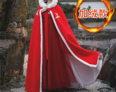 汉服古装披风斗篷古风冬季长款红色女，就拍照...