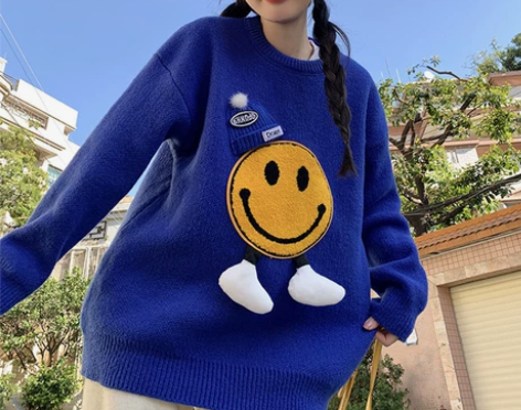毛衣女装秋冬季新款克莱因蓝设计感笑脸小众厚...