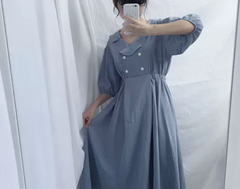 法式优雅花瓣领精致复古蓝色温柔小姐姐感日系...