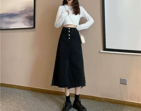 牛仔半身裙女春高腰黑色开叉a字裙2022年...