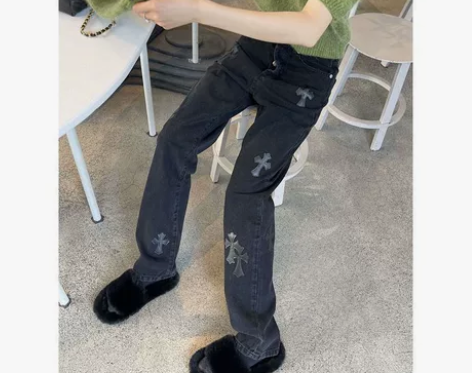 美式复古克罗十字架水洗黑色牛仔裤女高街韩版...