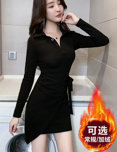秋冬气质连衣裙性感加绒加厚裙子女绑带收腰修...