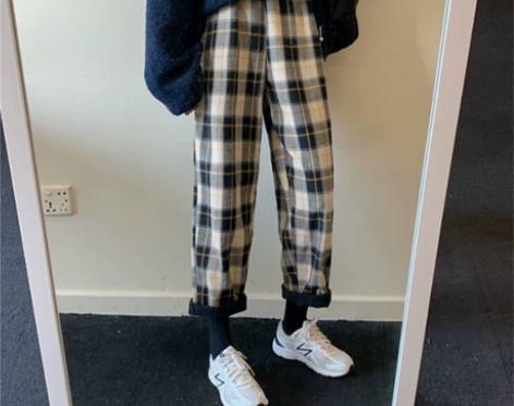 格子裤女宽松直筒阔腿裤2020新款秋冬加厚...