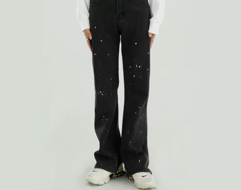 HLN泼墨牛仔裤男潮牌复古休闲洗水个性街头...