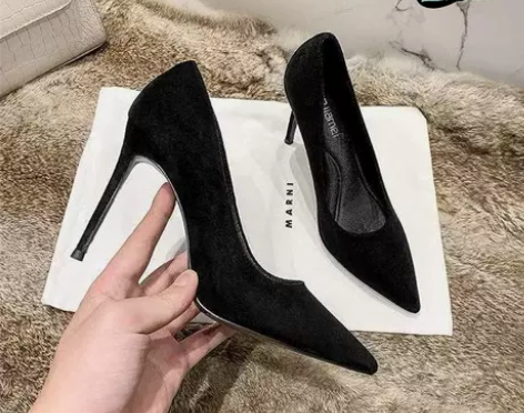 黑色高跟鞋女工作单鞋绒面细跟5cm7公分尖...
