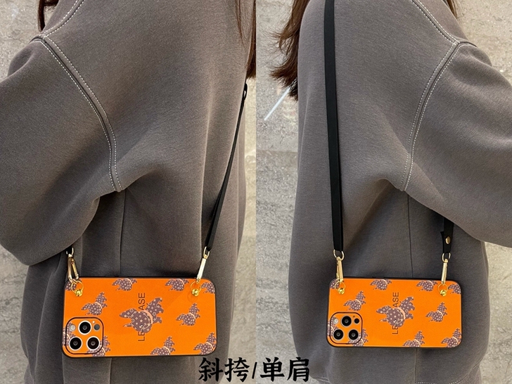 奢华橙色法斗犬适用苹果12手机壳挂绳iPh...