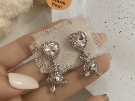 透明爱心钻耳环  少女粉色钻  银色小熊耳...