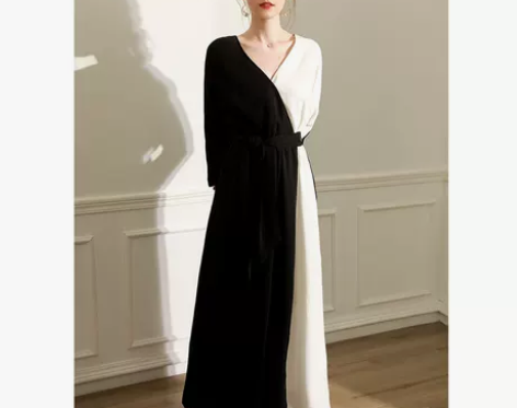 轻奢女神范黑白撞色连衣裙女法式优雅设计感收...