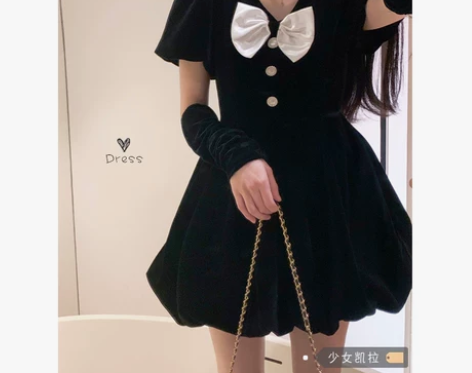 法式泡泡袖丝绒连衣裙女2022春季新款蓬蓬...