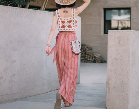 民族风长裤宽松雪纺阔腿裤高腰垂感沙滩裤度假...