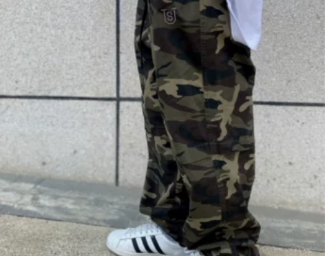 HipHop弹力宽松调节卡其色工装裤男街头...
