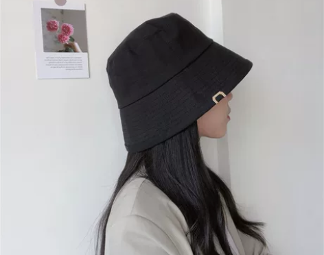 大头围黑色渔夫帽女夏季简约禁欲系金属扣盆帽...