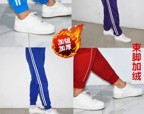 男女束脚加绒加厚校裤秋冬季条纹运动裤女男修...