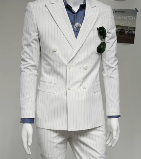 #DANDY HOMME白色条纹双排扣西装...