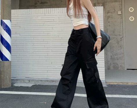 黑色高腰工装休闲裤女装秋季ins潮宽松美式...