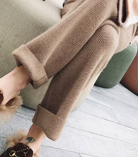 人字纹毛呢裤子加厚直筒阔腿裤高腰休闲裤