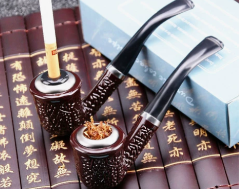 弯式中国过滤手工黑檀木男士烟袋烟具烟斗非实...