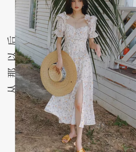 从那以后山茶邂逅碎花仙女超仙法式连衣裙复古...