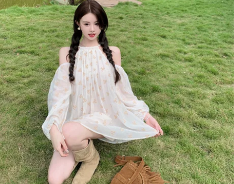 冻梨少女碎花吊带连衣裙小个子2022新款露...